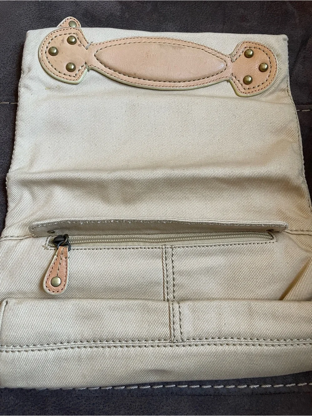 GAP Canvas Foldover Clutch Cream Goat Leather Trim Neutral Envelope Bag OS